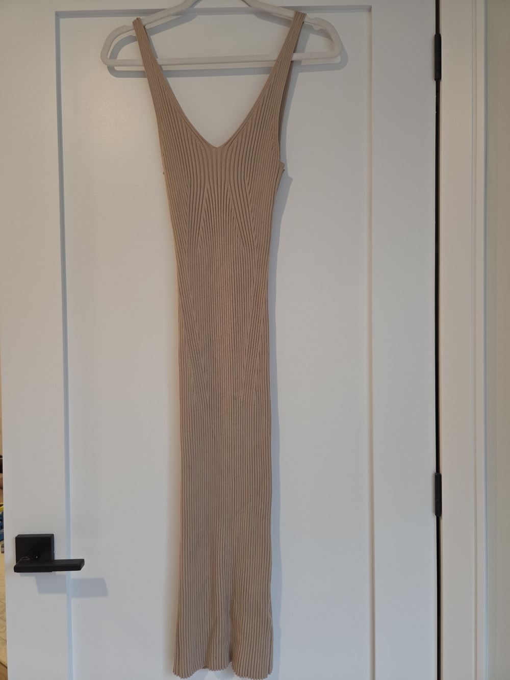 H&M Ribbed V-Neck Maxi Dress in Beige-Tan